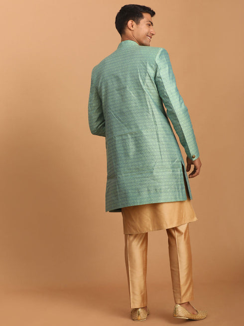 Vastramay Men's Green Silk Blend Sherwani With Rose Gold Kurta Pant Set